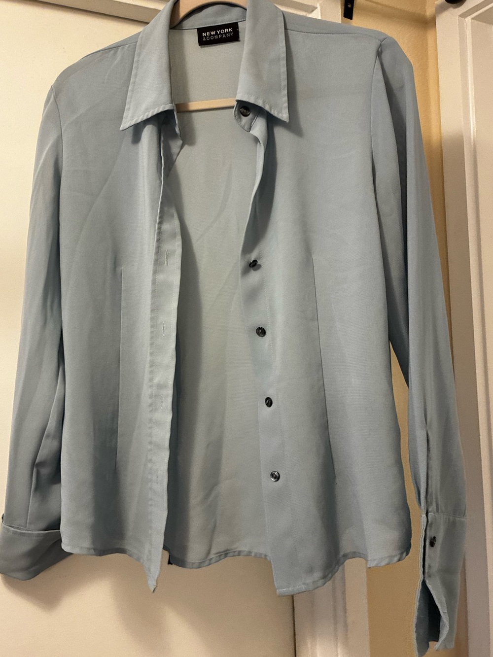 Sheer Lightweight Blue Grey Button Up Blouse Long Sleeve Adjustable Length - Picture 5 of 6